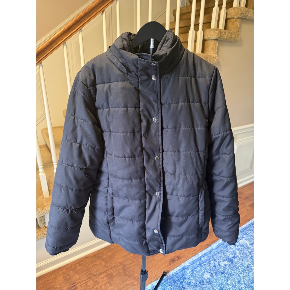 St Johns Bay Black Puffer Jacket Women XL Quilted Full Zip Snap Button Coat